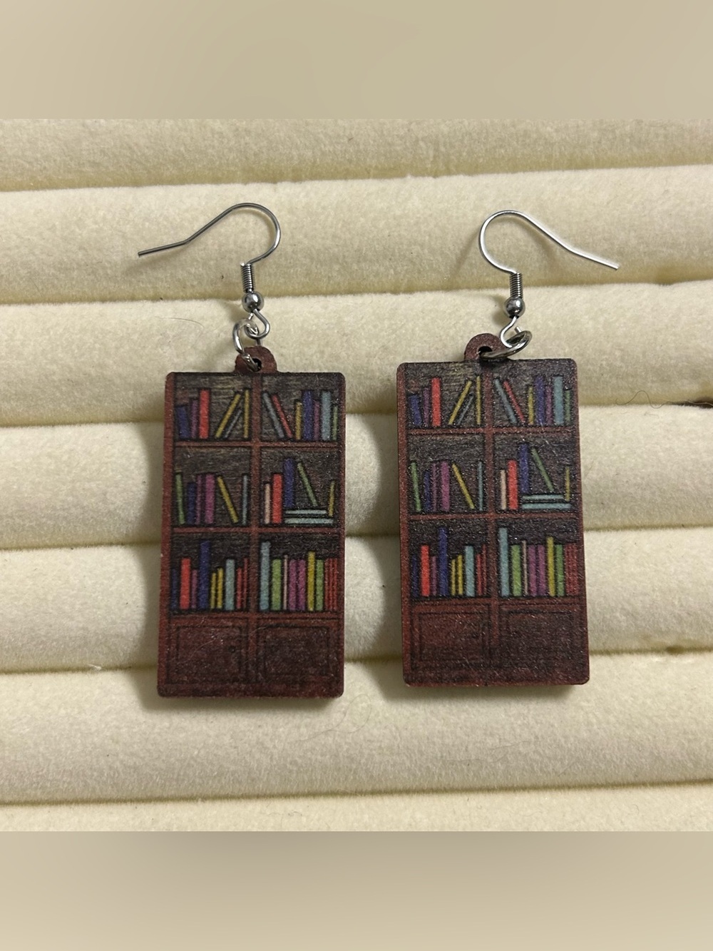 Bookcase Wood Drop Earrings - Multicolor Books